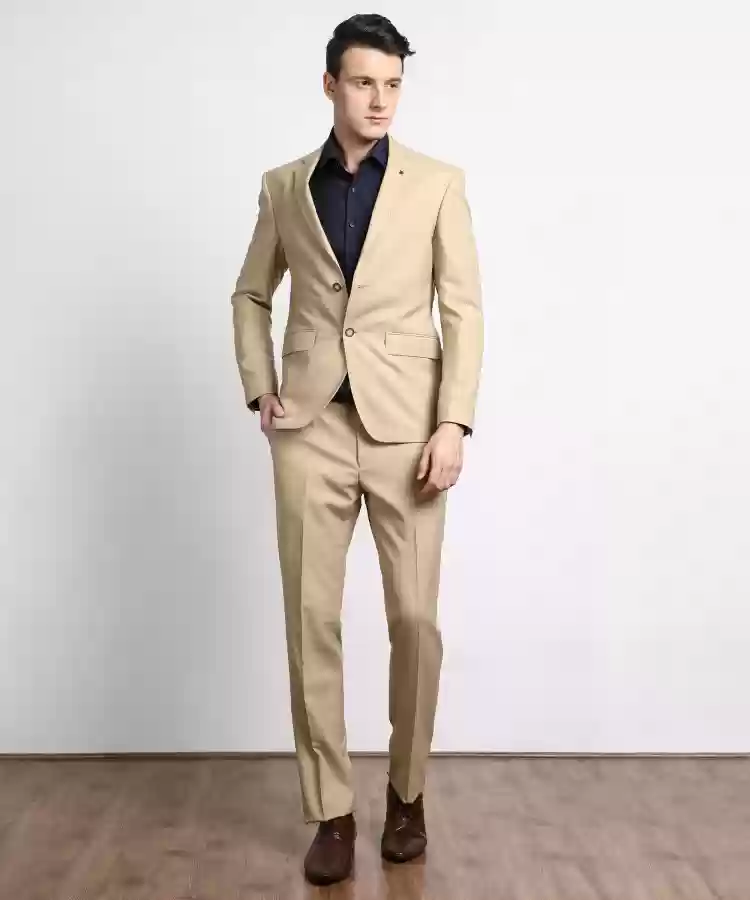 Tan Suit with Black Shirt and Brown Shoes